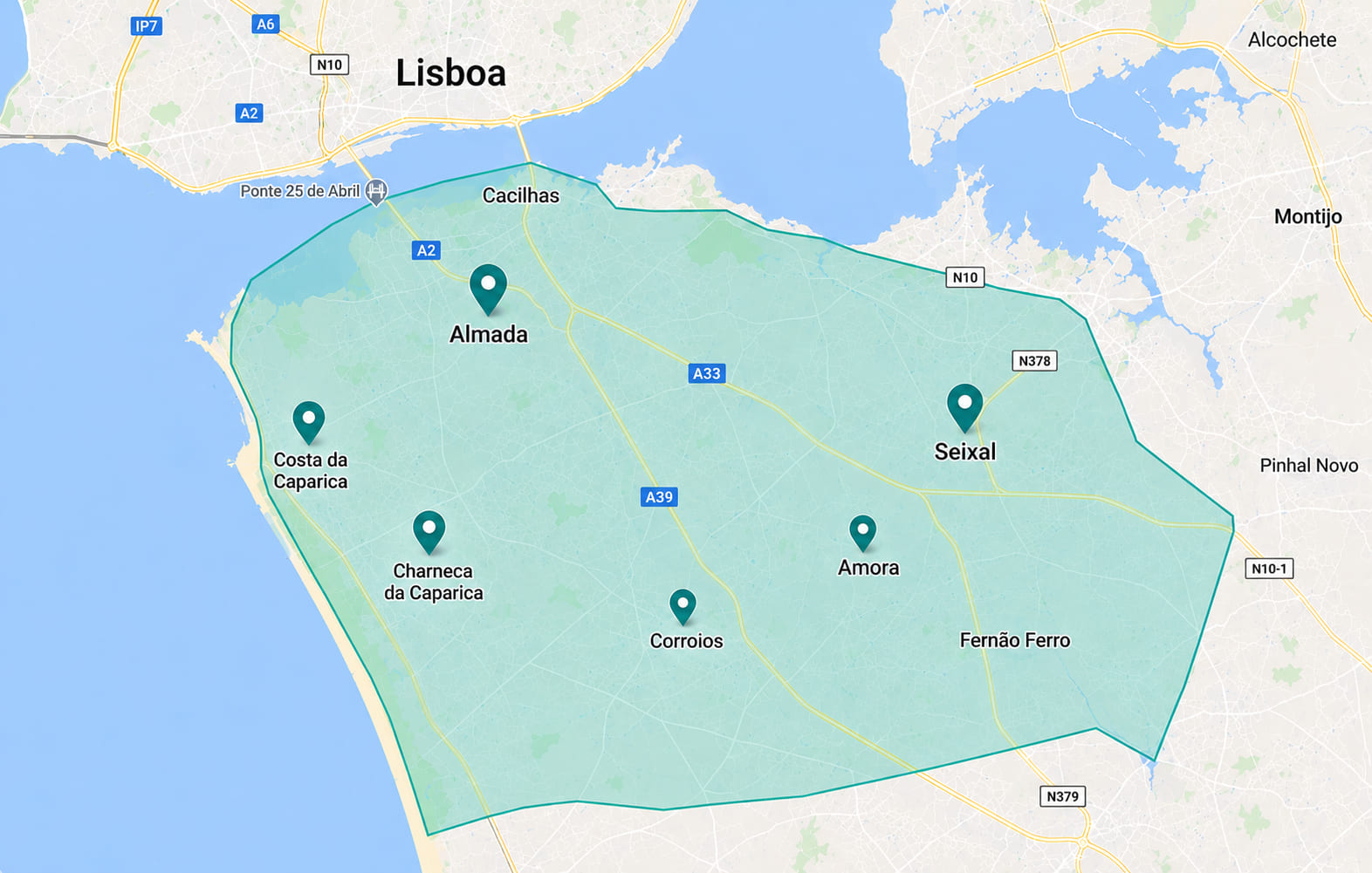 Mapa das áreas de atendimento em Almada e Seixal